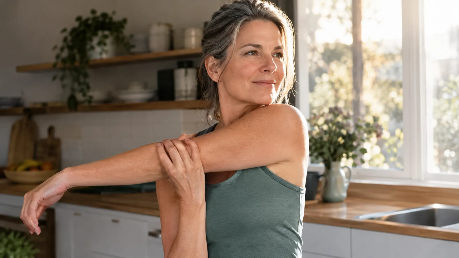 A woman in her fifties stretching her shoulders in a kitchen after a long day at the desk, afternoon light